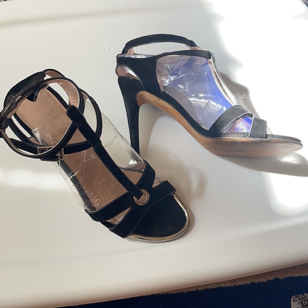 Womens Stuart Weitzman Black Suede Ankle Strap High Heels Sandals Size 7.5N